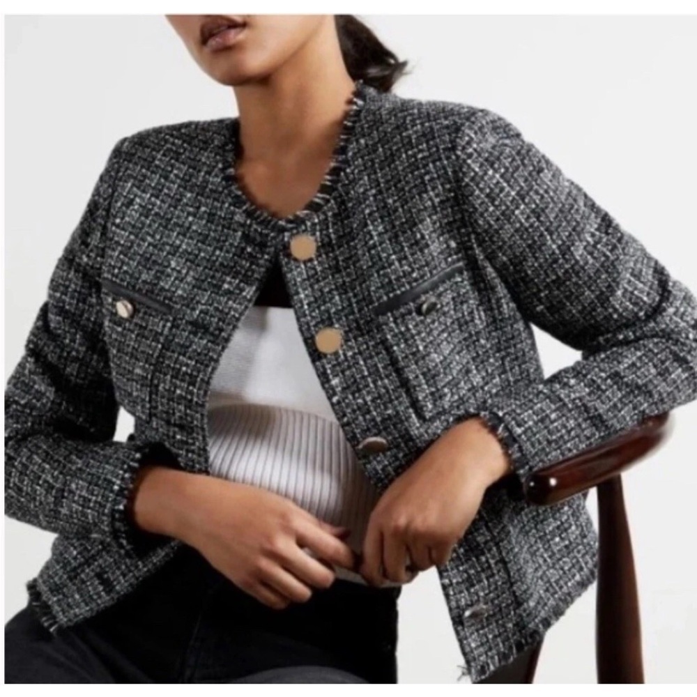 $419 Ted Baker Klaudi Metallic Bouclé Tweed Jacket Black Cotton Blend Sz 2 XS S
